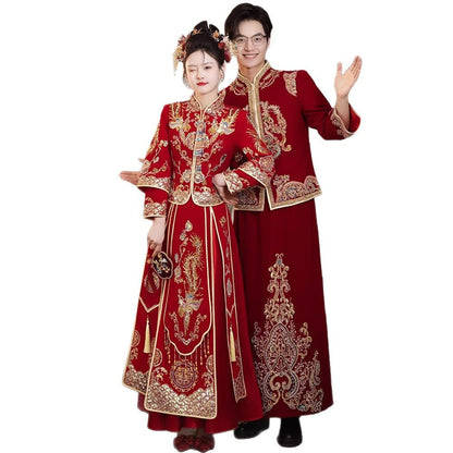 Chinese Wedding Xiuhe Dress Bride Velvet Toast Suit Set