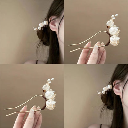 U Hairpin Glass White Magnolia Chinese Style Forest Fairy Cheongsam Accessory