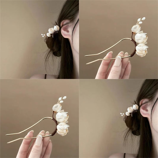 U Hairpin Glass White Magnolia Chinese Style Forest Fairy Cheongsam Accessory