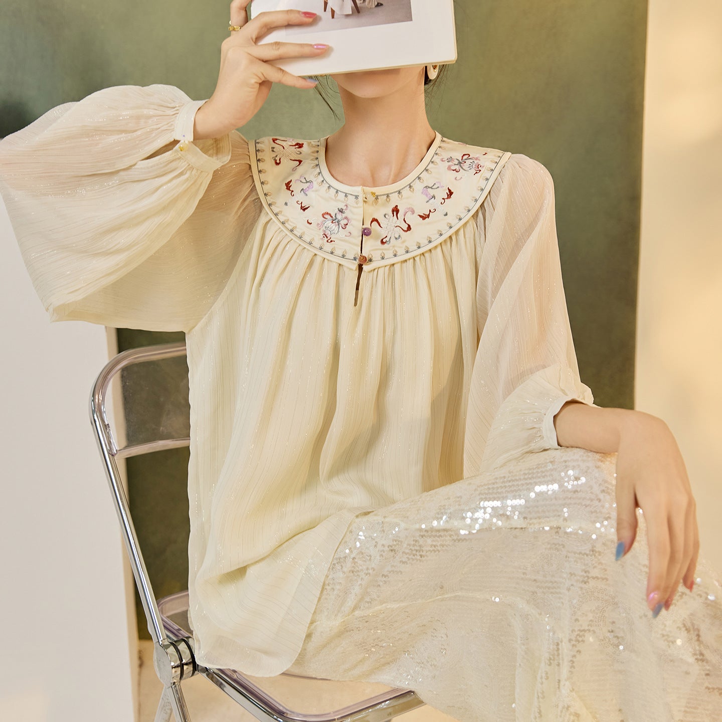 New Chinese Style Embroidered Mesh Shirt | Autumn Light Luxury Elegant Top
