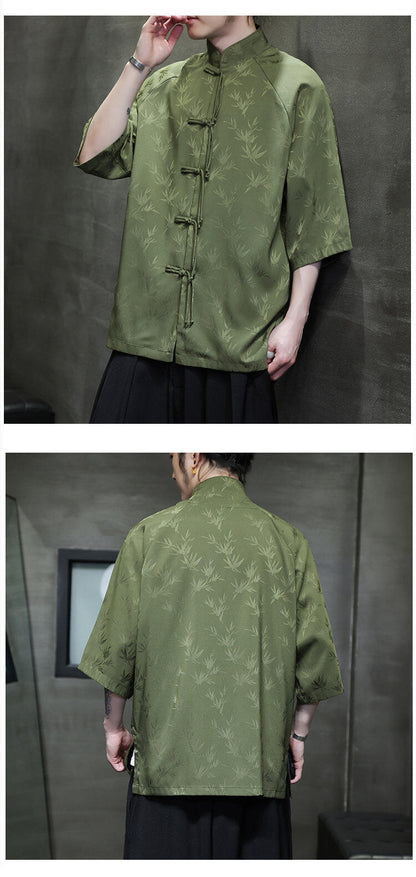 Summer Chinese Style Ice Silk Jacquard Tang Shirt Mens Stand Collar Top
