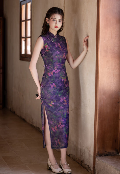 Purple Chinese Style Qipao – Butterfly Elegant Daily Dress