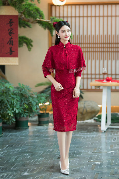 Elegant Red Two-Piece Cheongsam – Autumn Wedding Event Dress