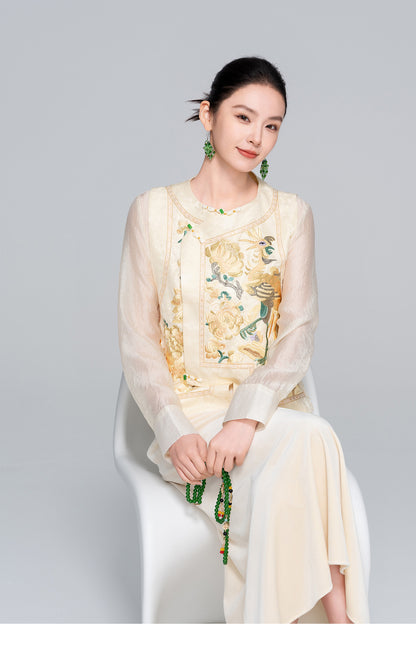 Mulberry Silk Embroidered Sleeveless Vest for Women