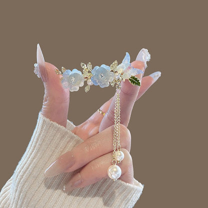 Blue Enamel Hair Clip Chinese Style Pearl Tassel Butterfly Hairpin