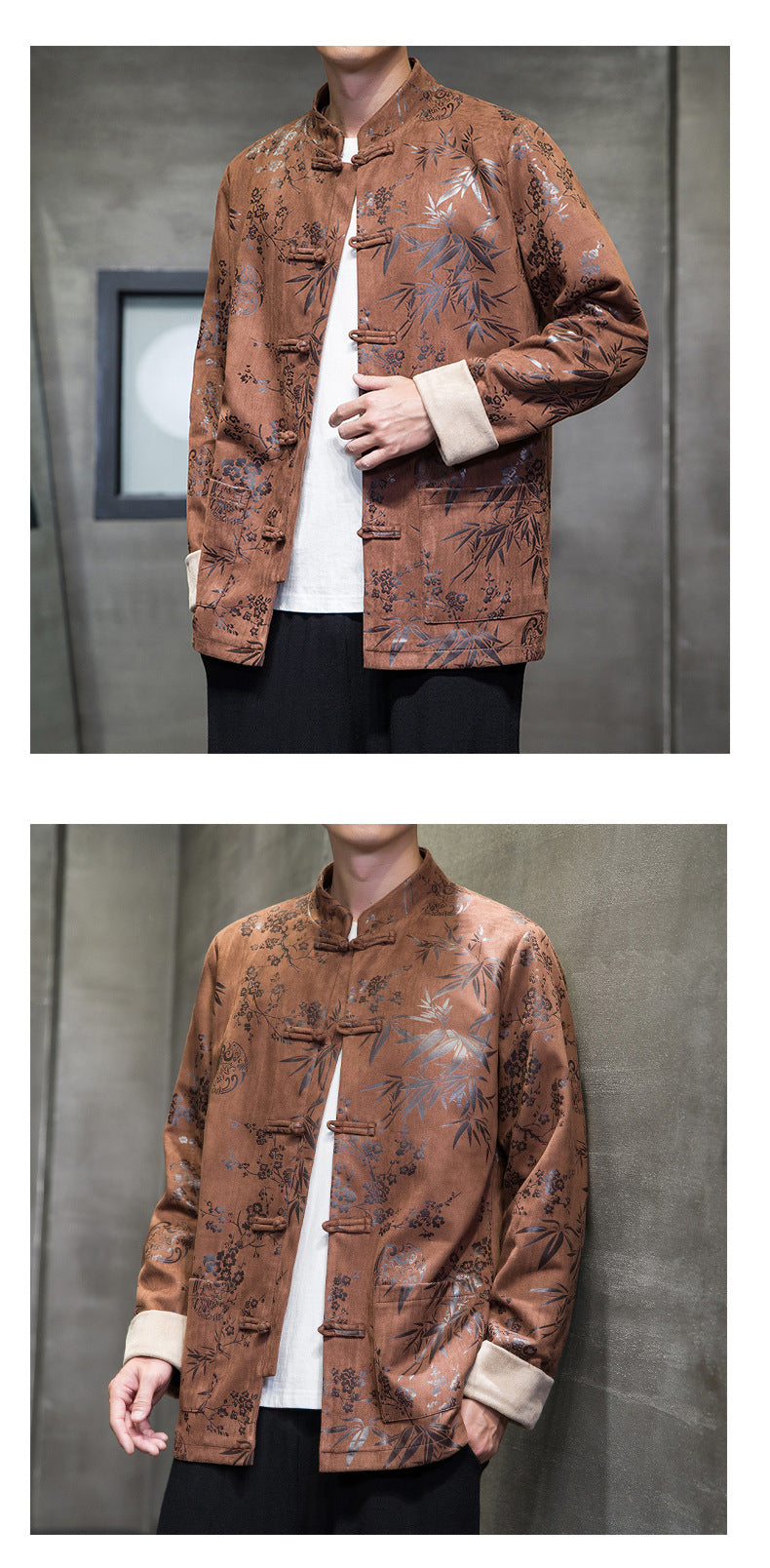 Chinese Style Mens Retro Tang Suit Button Printed Velvet Coat