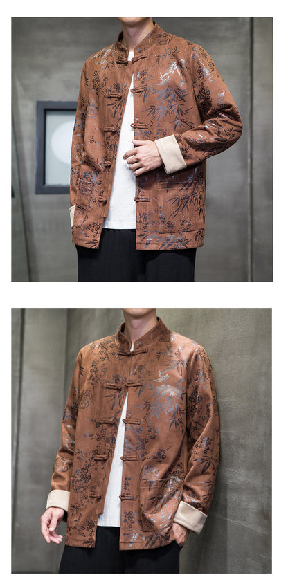 Chinese Style Mens Retro Tang Suit Button Printed Velvet Coat