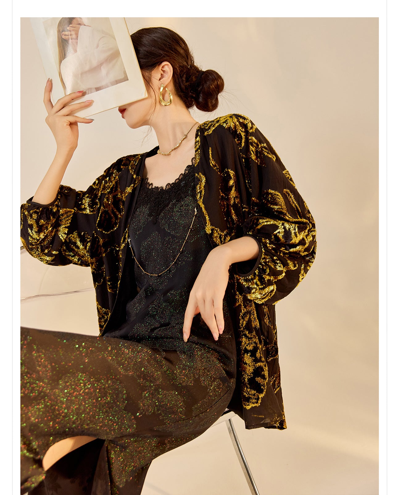 Velvet Burnout Jacket & Printed Cardigan Dress Set for Autumn