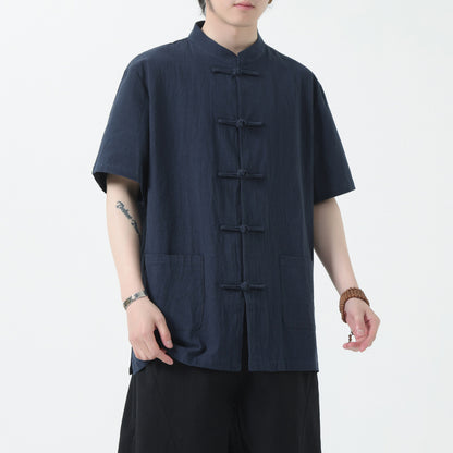 Chinese Style Mens Cotton Linen Shirt Half Sleeve Button Up Casual Top