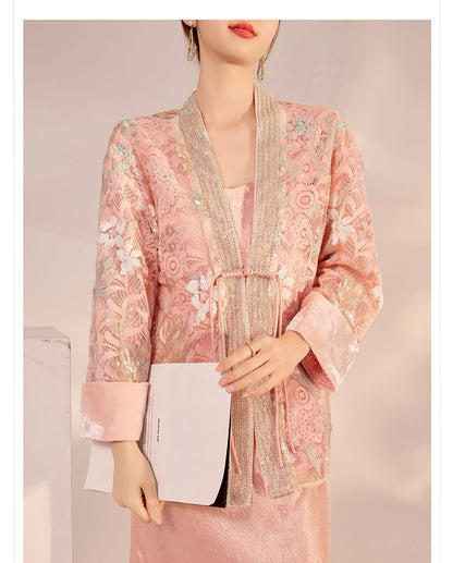 Spring New Chinese Style Velvet Sequin Embroidered Mesh Blouse
