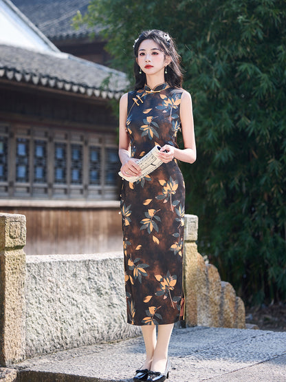 Black Sleeveless Cheongsam – Old Shanghai Printed Slim Dress