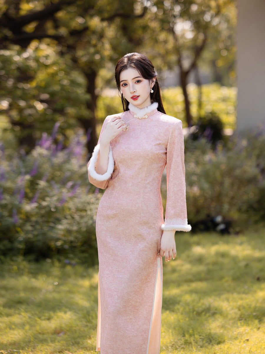 2025 New Pink Chinese Style Qipao | Warm Elegant Thickened Winter Dress