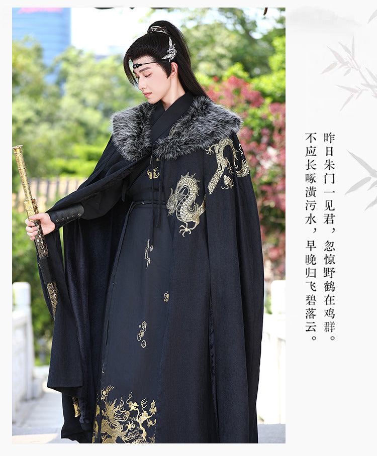 Men's Fleece-Lined Fur Collar Cloak New Chinese Style Winter Hanfu