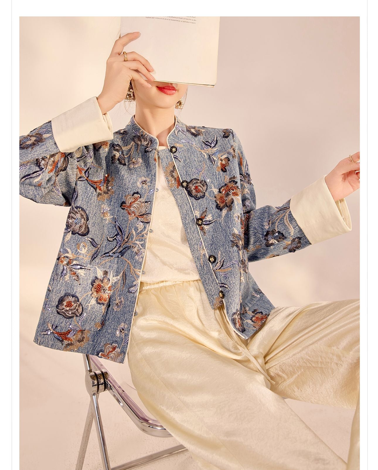 New Chinese Style Denim Jacket | Sequin Embroidery Elegant National Top