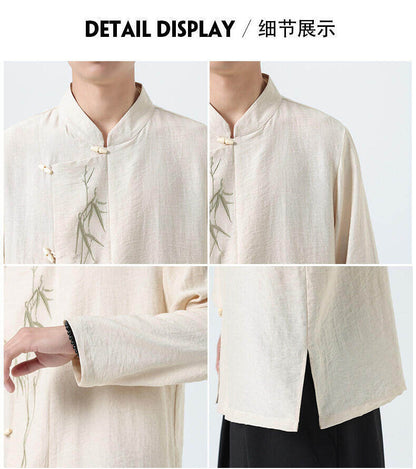 Chinese Style Mens Slanted Collar Hanfu Shirt Long Sleeve Tea Dress