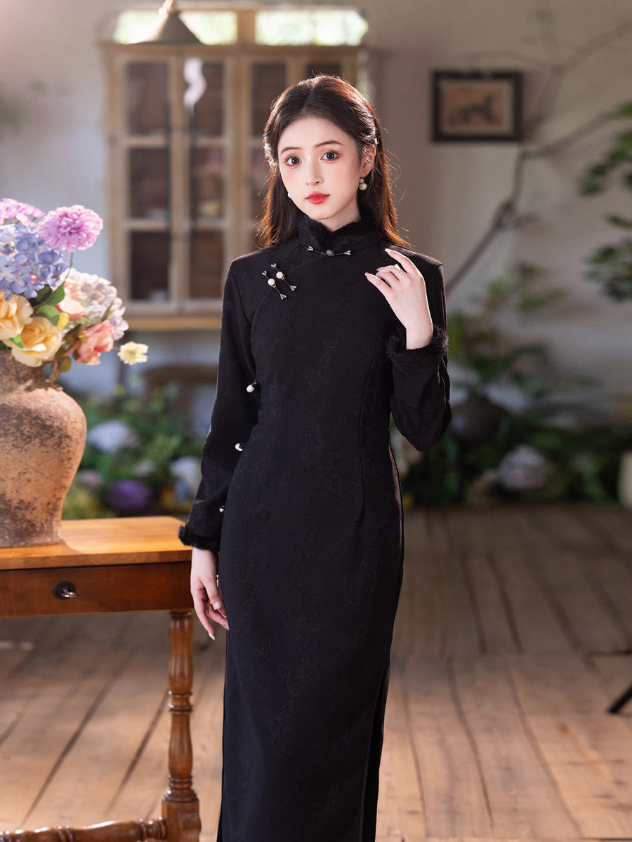 2025 New Black Thickened Cheongsam | Elegant Daily Warm Winter Dress