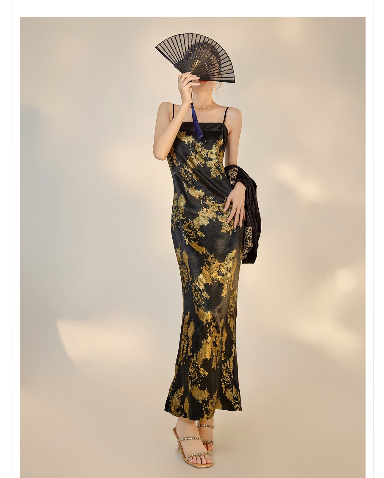 Summer New Chinese Printed Rayon Shirt & Strap Dress Set