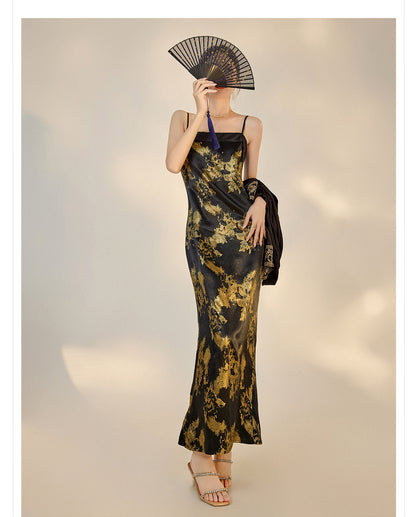 Summer New Chinese Printed Rayon Shirt & Strap Dress Set