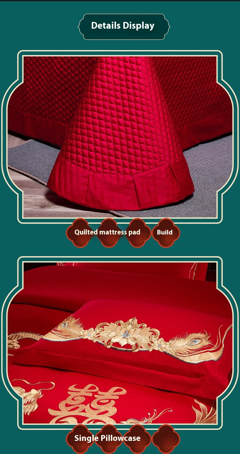 Luxury Red Cotton Wedding Bedding 4-Piece Embroidered Set