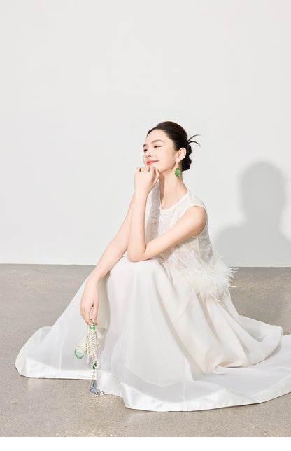 Double-Layer Mesh Patchwork Long Skirt with Elastic Waist