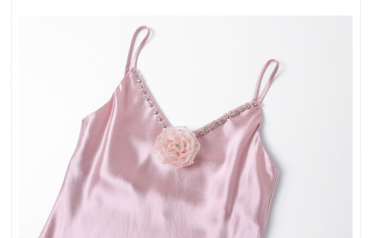 French Style Pink 3D Rose Acetate Strap Dress Elegant Long Gown