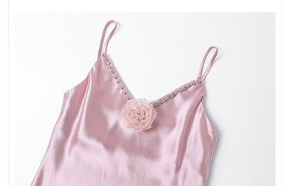 French Style Pink 3D Rose Acetate Strap Dress Elegant Long Gown