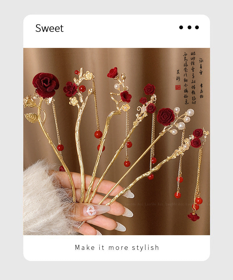 Velvet Rose Hairpin | Elegant Chinese Style Ancient Tassel Ornament