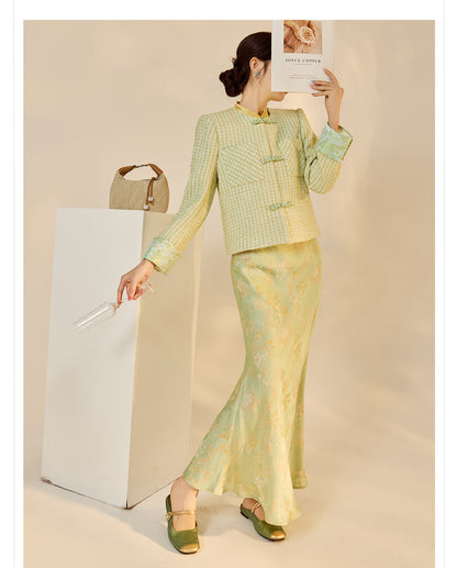 High-End Embroidery Stand Collar Vest & Jacquard Mermaid Skirt