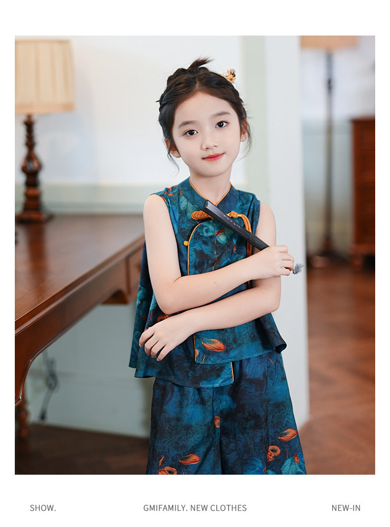 Children’s Summer Hanfu — Floral Top & Comfortable Wide-Leg Pants