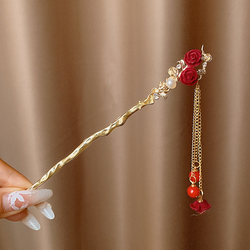 Velvet Rose Hairpin | Elegant Chinese Style Ancient Tassel Ornament