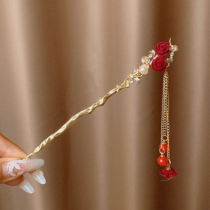 Velvet Rose Hairpin | Elegant Chinese Style Ancient Tassel Ornament