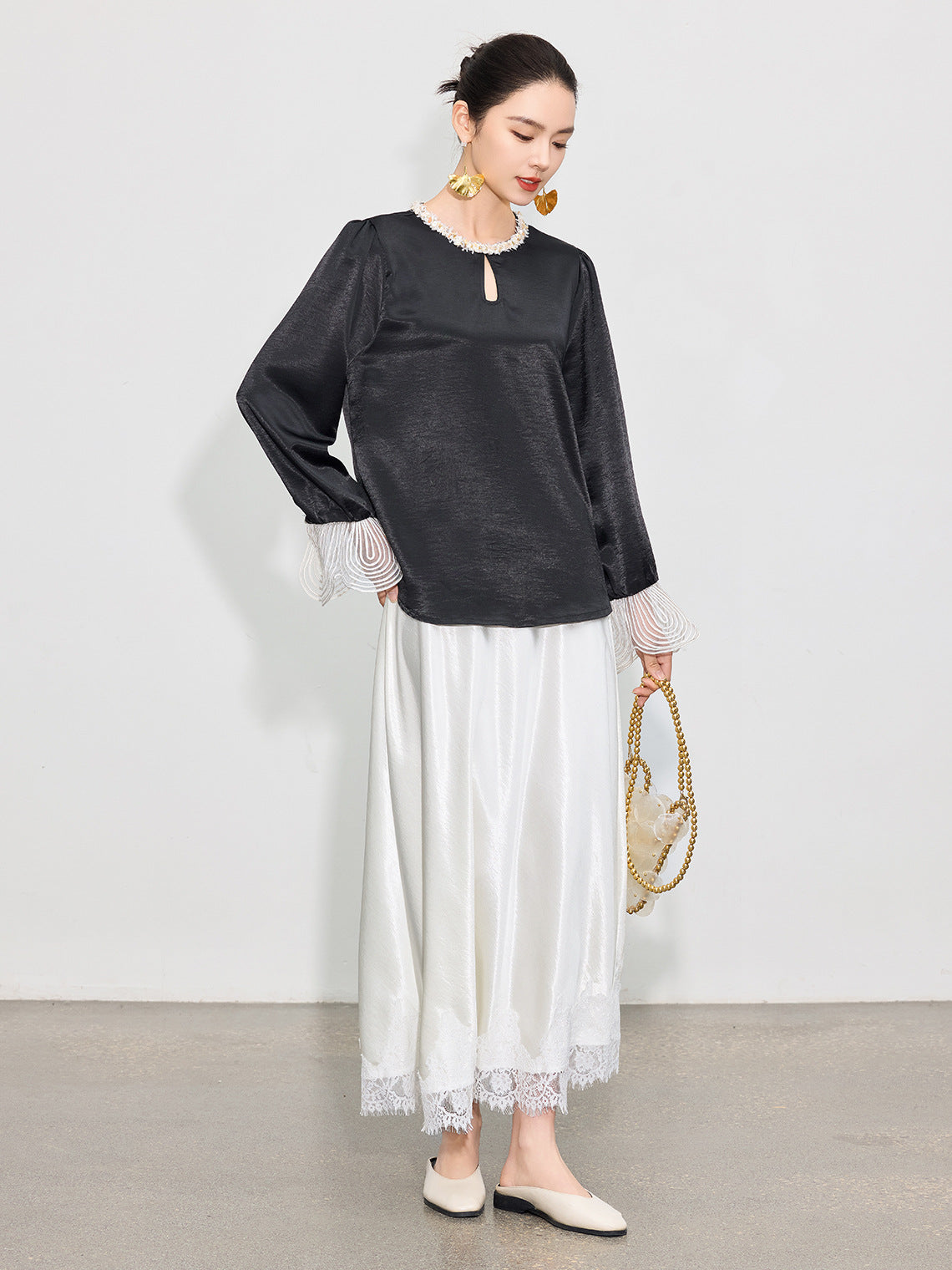 Elegant High-Waist Satin Lace Patchwork Skirt