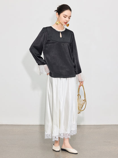 Elegant High-Waist Satin Lace Patchwork Skirt