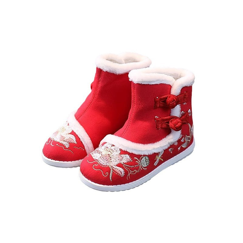 Girls’ Winter Hanfu Shoes | Fleece-Lined Embroidered Non-Slip Cotton Boots