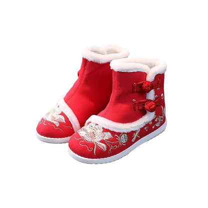 Girls’ Winter Hanfu Shoes | Fleece-Lined Embroidered Non-Slip Cotton Boots