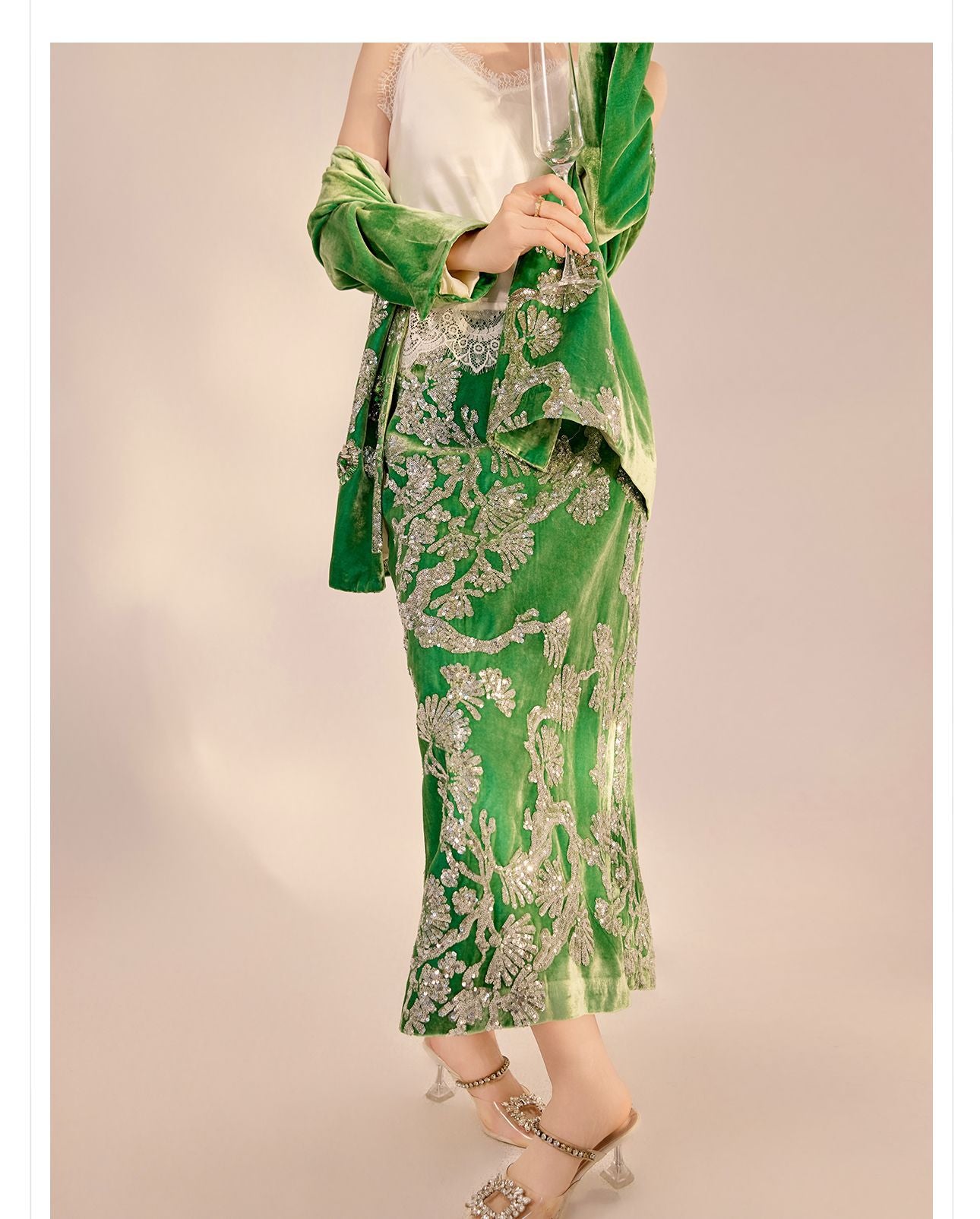 2025 Spring New Chinese Beaded Embroidered Silk Cardigan & Skirt Set