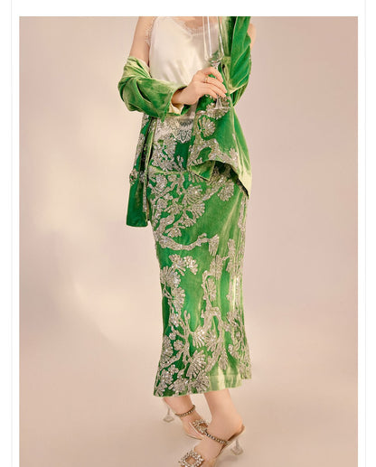 2025 Spring New Chinese Beaded Embroidered Silk Cardigan & Skirt Set