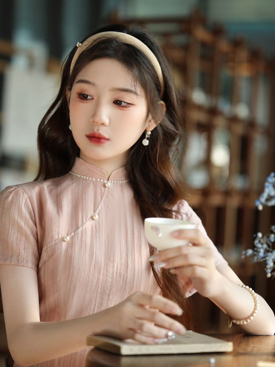 Elegant Pink Cheongsam – New Chinese Style High-End Dress