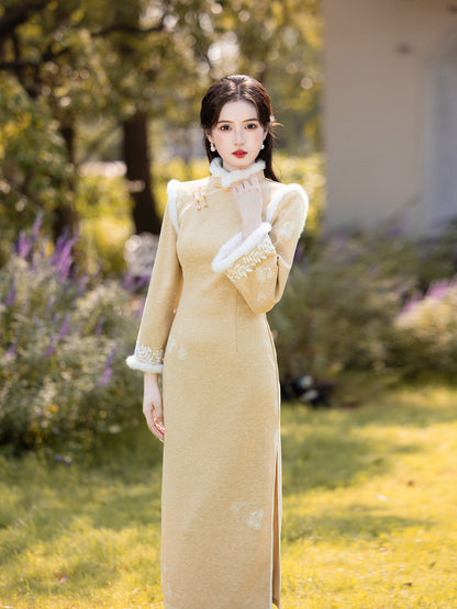 Long Sleeve Crystal Velvet Qipao | Winter Thickened Fleece Lined Dress