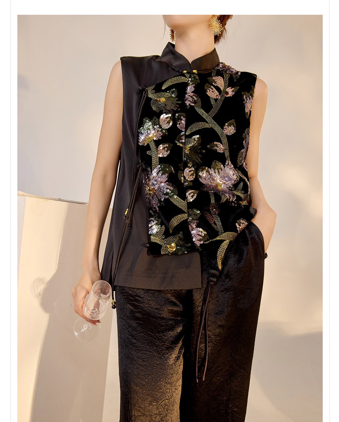 Summer Sequin Asymmetrical Vest Top High-End National Style