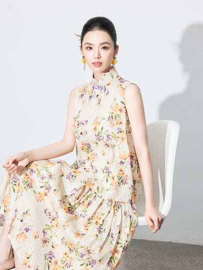 High-End Linen Sleeveless Button Top & Slimming Skirt for Women