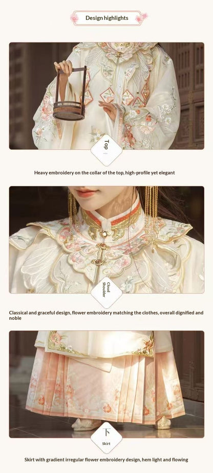 Women Ming Dynasty Hanfu Set Heavy Embroidery Cloud Shoulder Stand Collar Horse Face Skirt
