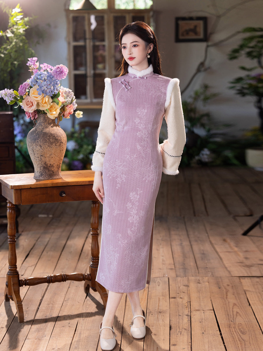Thick Flared Sleeve Long Cheongsam | Youth New Chinese Style Winter Dress