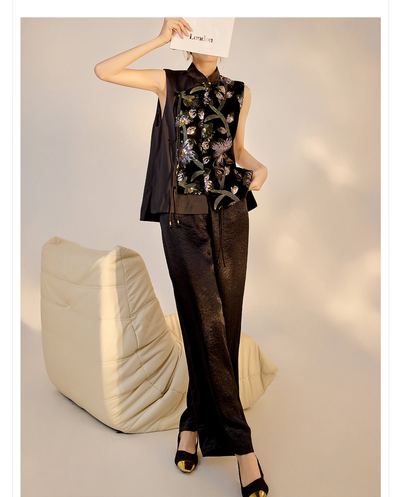 New Chinese Style High-Waist Wide-Leg Acetate Pants for Women