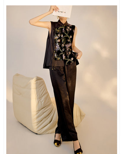 New Chinese Style High-Waist Wide-Leg Acetate Pants for Women