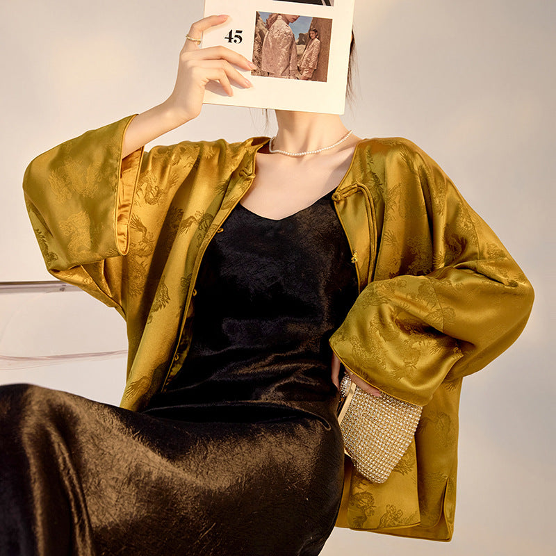 New Chinese Old Money Style Dragon Embroidered Acetate Luxury Coat