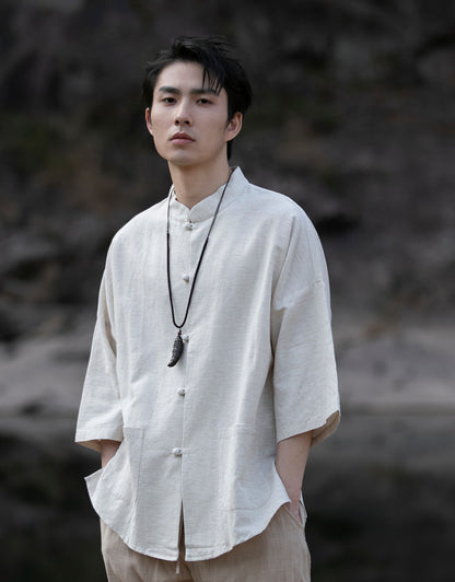 Summer Chinese Cotton Linen Shirt Men Casual Thin Youth Trend Top