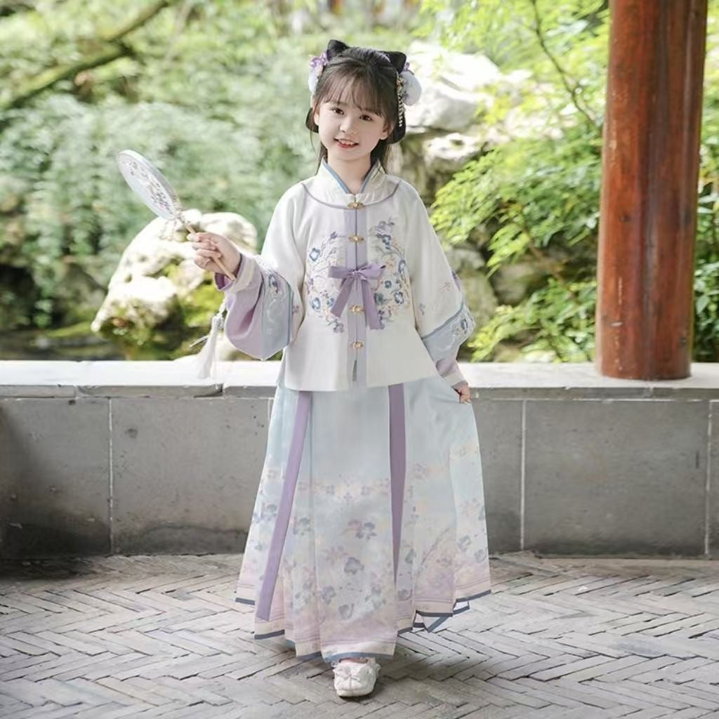 Girls’ Spring Autumn Hanfu | Ancient Style Ming Dynasty Horse Face Dress Set