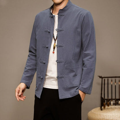 Men’s Chinese Style Cotton Linen Tang Shirt Long Sleeve Casual Retro