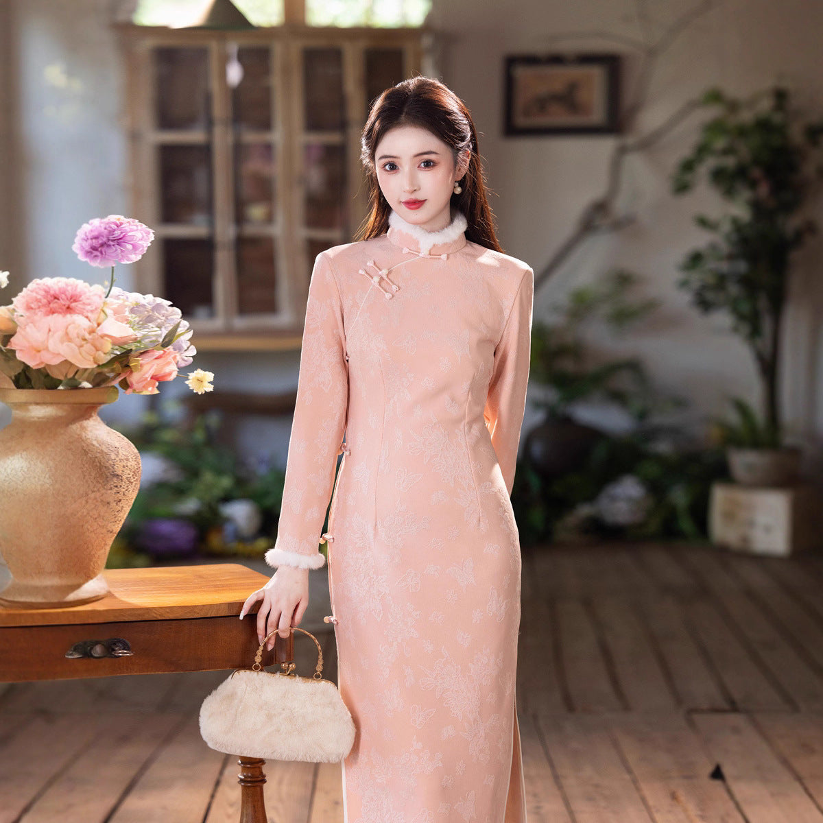2025 Pink Velvet Cheongsam | New Chinese Style Warm Winter Dress